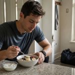 Athletic man eating oatmeal with fruit before heading to the gym