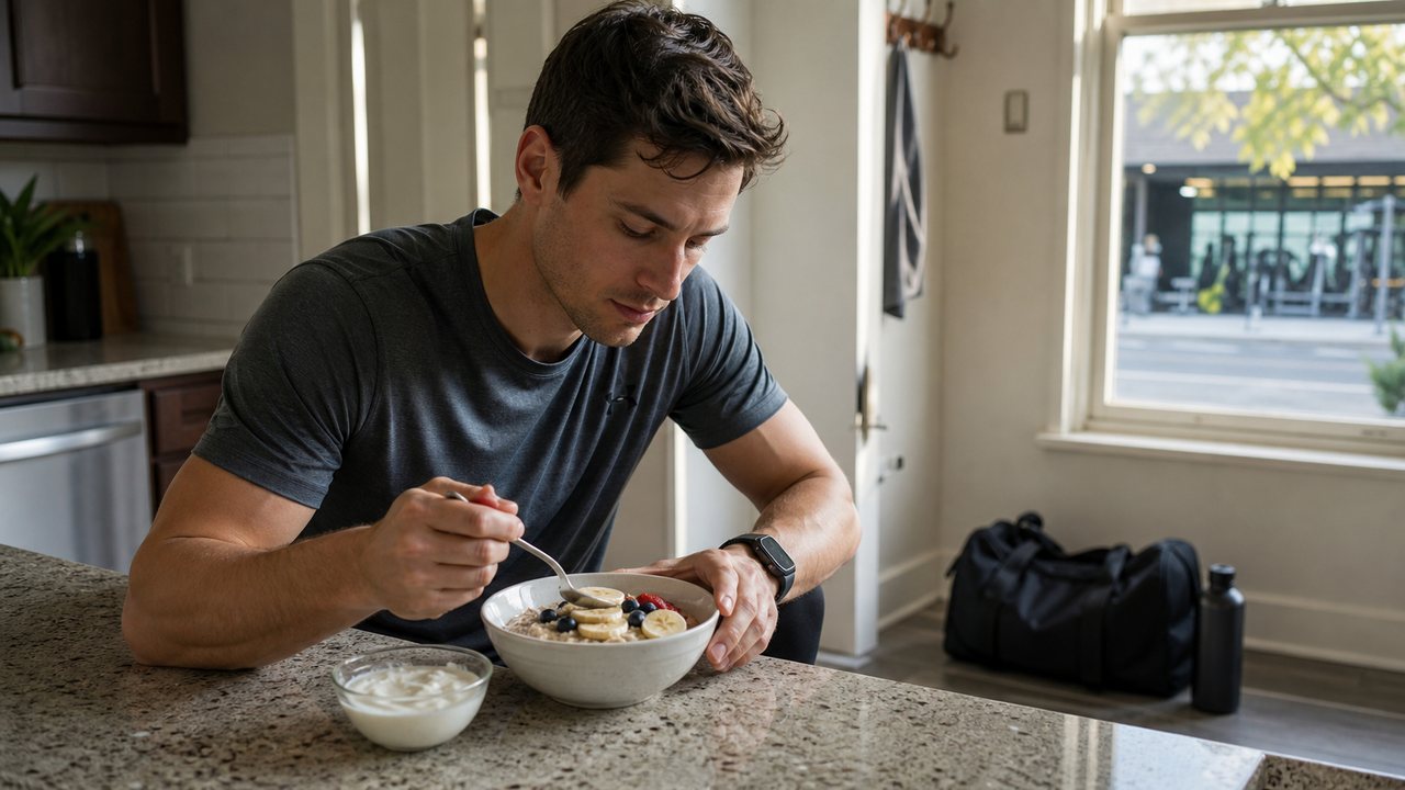 Athletic man eating oatmeal with fruit before heading to the gym