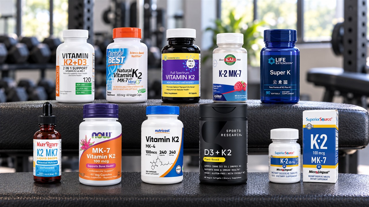 Ten vitamin K2 products arranged on a gym bench with their front labels visible