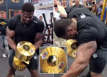 Andrew Jacked One Arm Row 330 Pound Gold Dumbbell