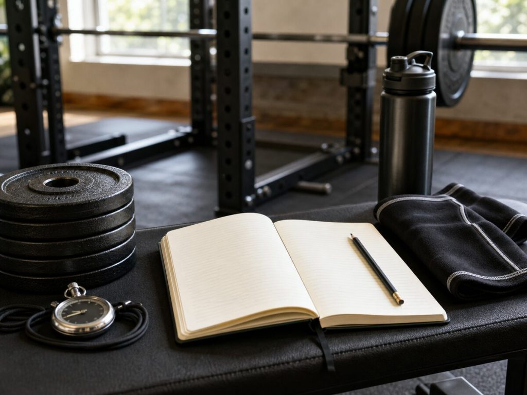 Training notebook, plates, stopwatch, and knee sleeves for tracking leg day progress