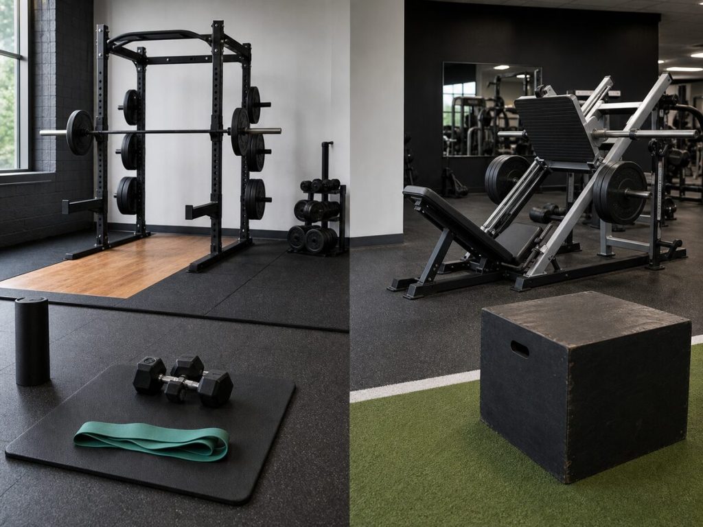 Gym equipment arranged to show different leg day workout options