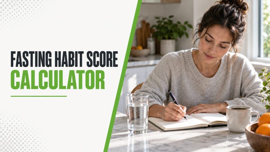 Fasting Habit Score Calculator: a woman writing in a journal at a kitchen table with water and coffee