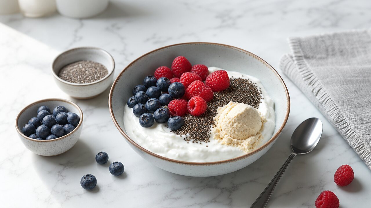 Greek yogurt power bowl with berries, chia seeds, and protein powder for a quick 35 gram protein breakfast