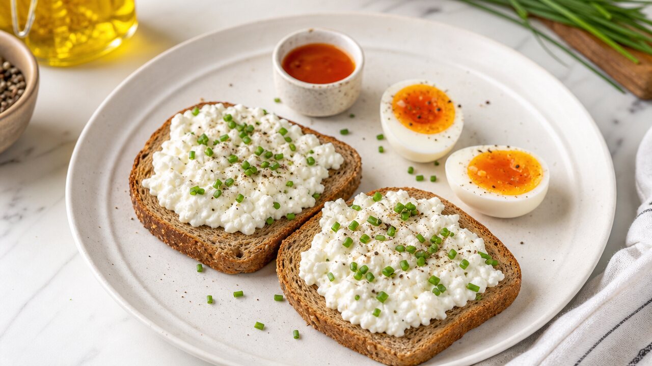 Cottage cheese toast with two soft boiled eggs, chives, pepper, and hot sauce