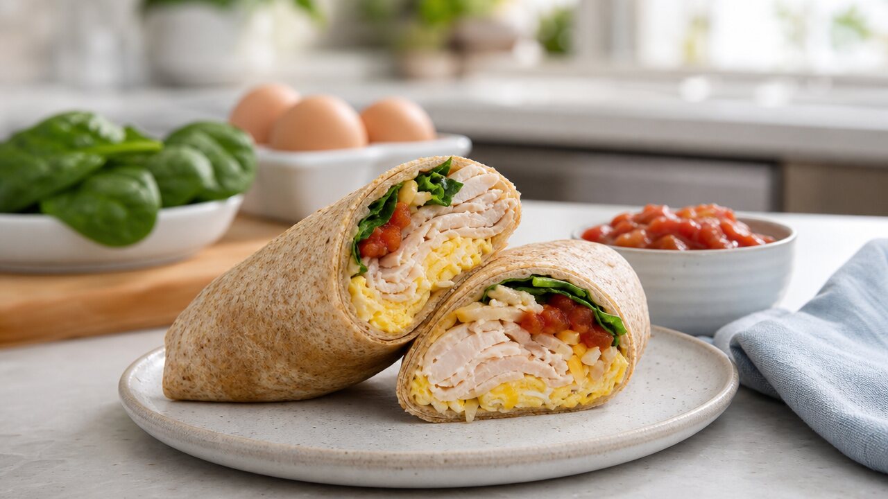 Turkey egg breakfast wrap cut in half with spinach, salsa, and cheese on a breakfast plate