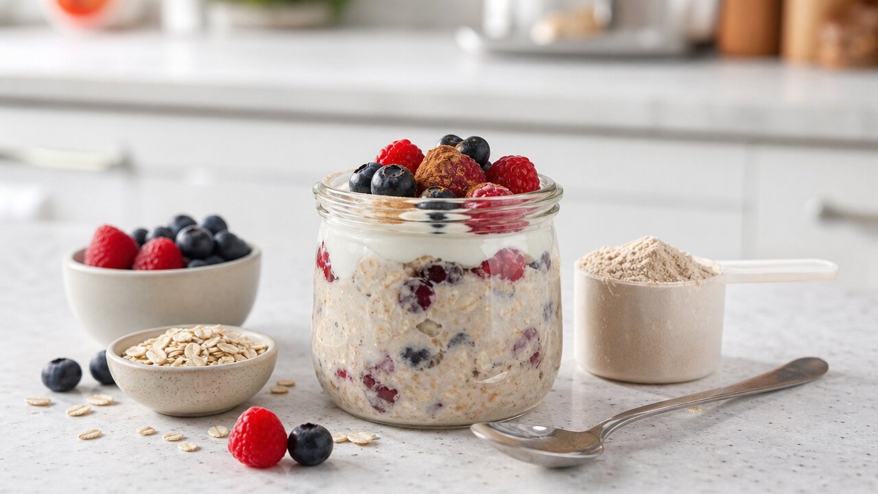 Overnight oats jar with whey protein, Greek yogurt, berries, cinnamon, and a spoon