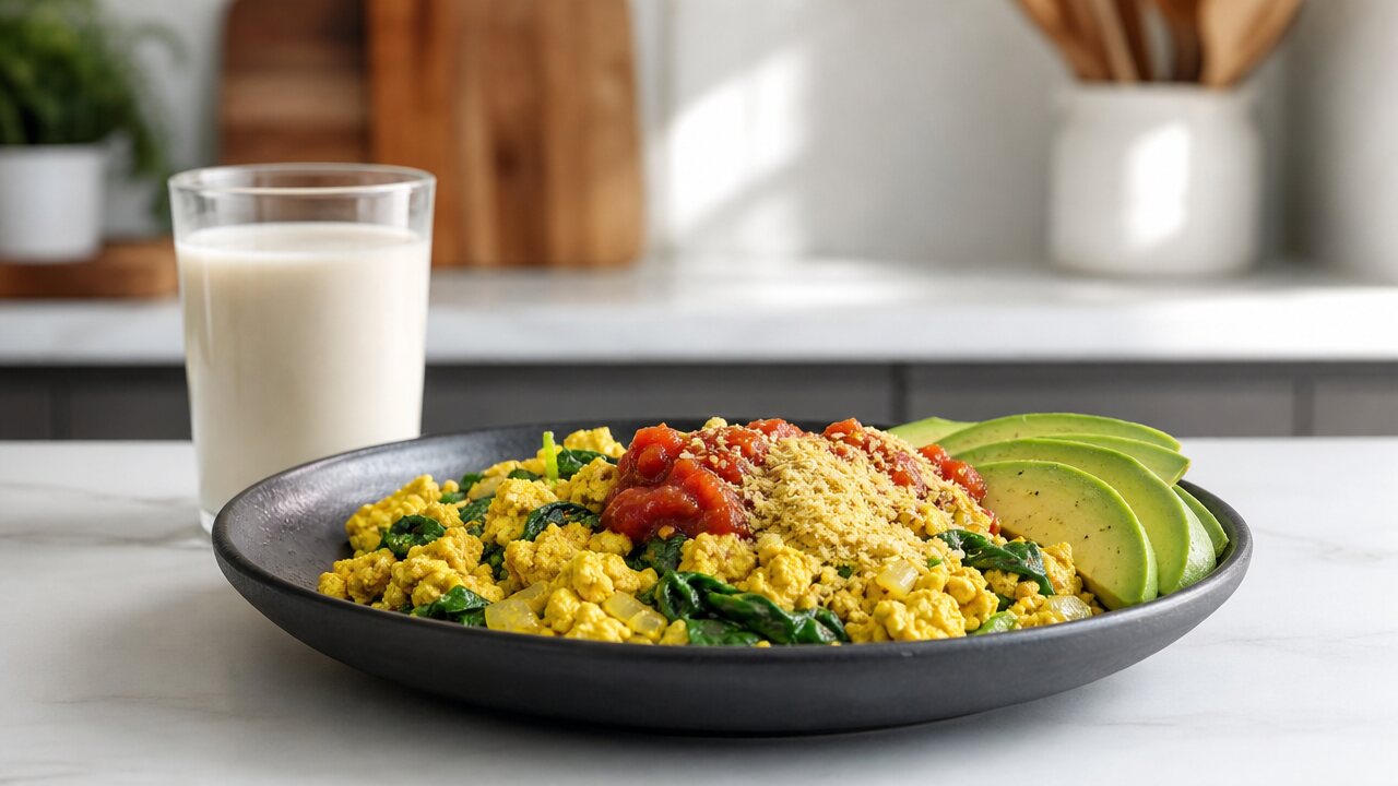 Tofu scramble with spinach, salsa, avocado, and a glass of soy milk