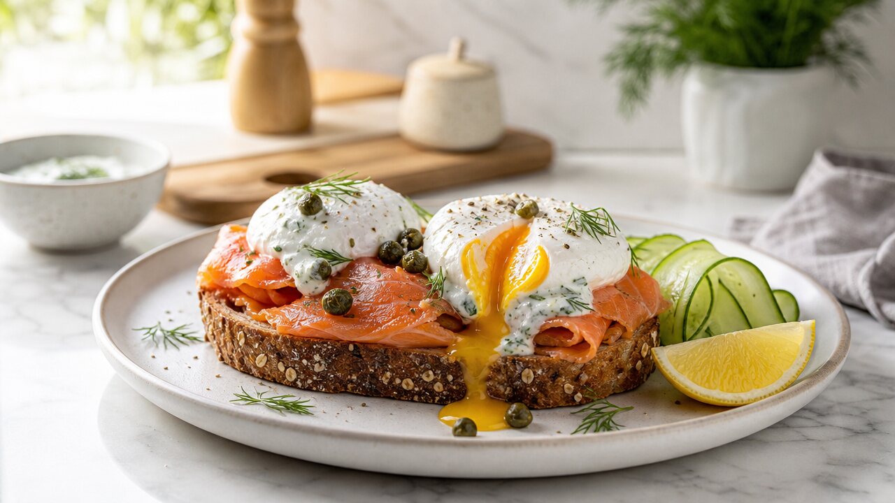 Smoked salmon egg toast with cucumber, dill sauce, lemon, and soft eggs