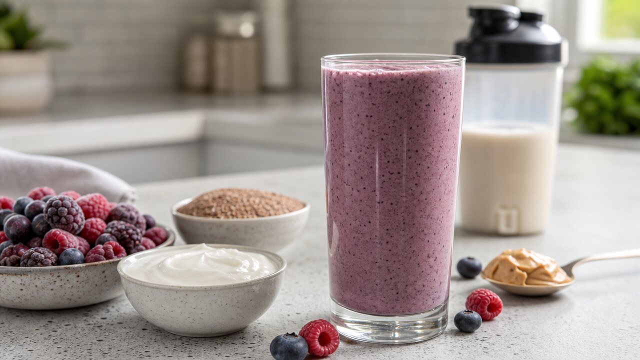 Berry protein smoothie with Greek yogurt, milk, berries, flax, peanut butter, and shaker bottle