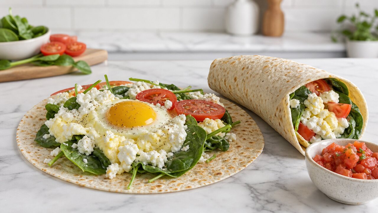 Egg white feta spinach wrap with tomatoes, salsa, and greens on a kitchen counter