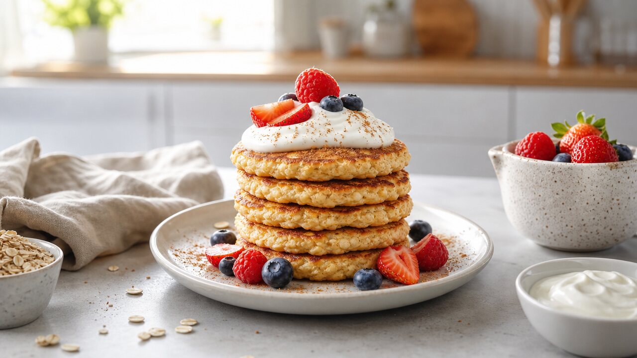 Stack of cottage cheese pancakes with berries, Greek yogurt, and cinnamon