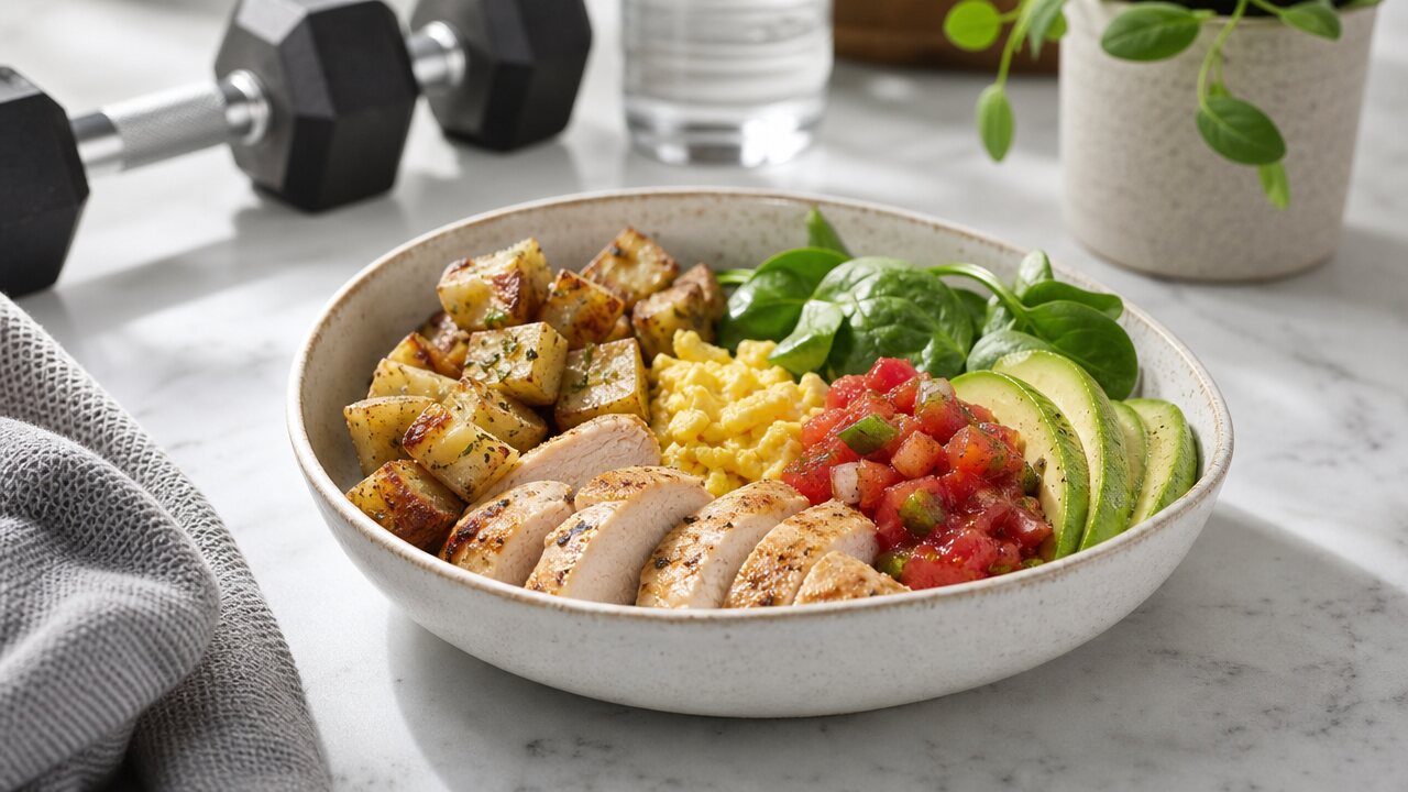 Chicken breakfast bowl with roasted potatoes, scrambled eggs, greens, salsa, and avocado