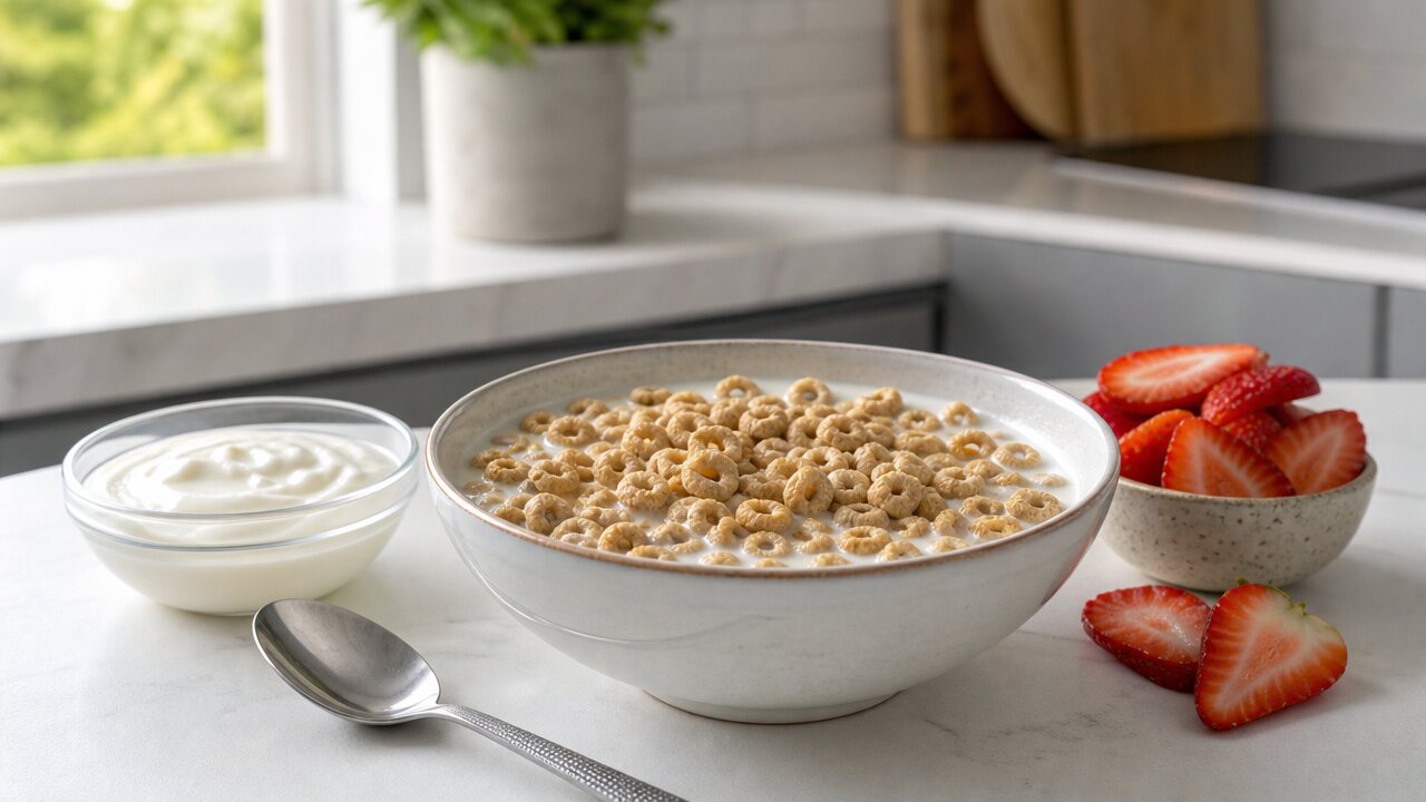 High protein cereal bowl with filtered milk, Greek yogurt, strawberries, and spoon