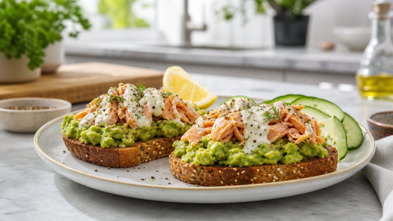Avocado toast topped with flaked salmon or tuna, Greek yogurt sauce, cucumber, and lemon
