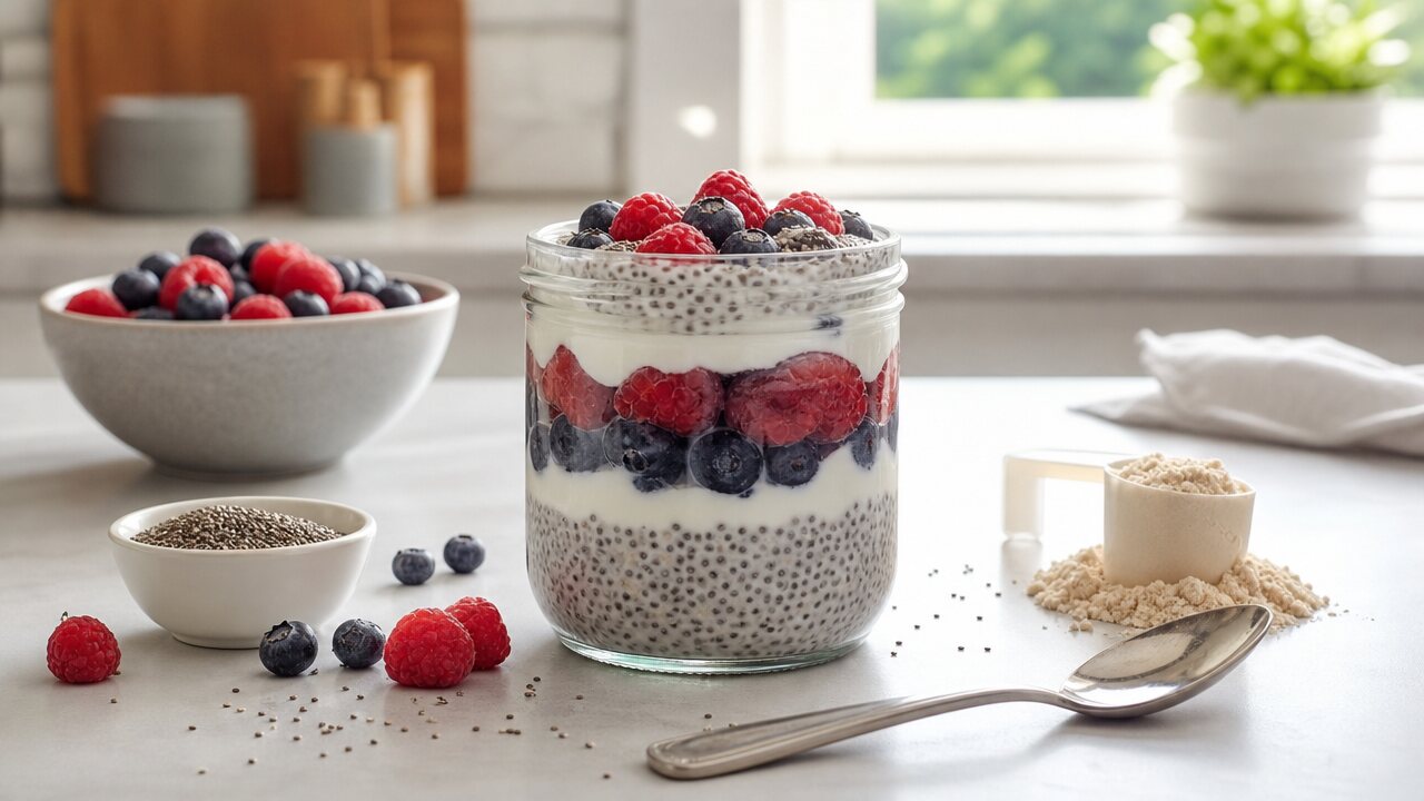Chia Greek yogurt protein pudding layered with berries in a glass jar