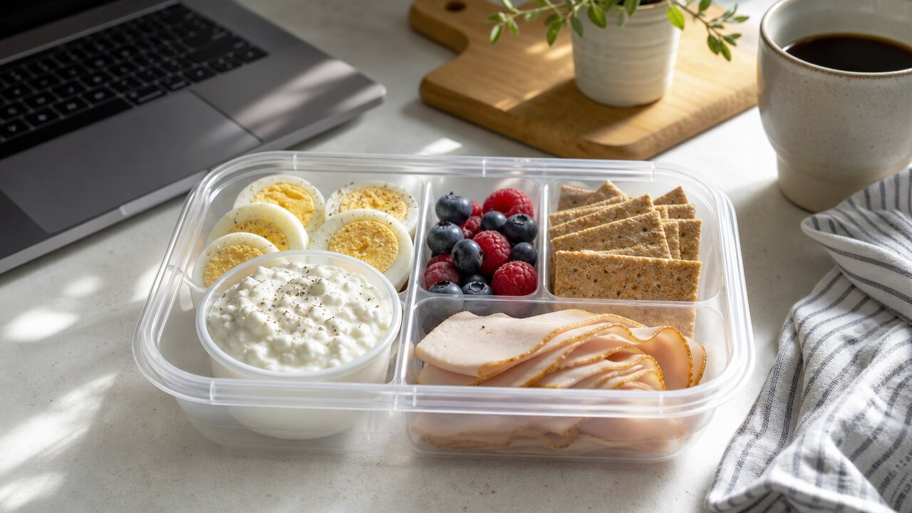 Breakfast bento box with boiled eggs, cottage cheese, turkey slices, berries, and crackers