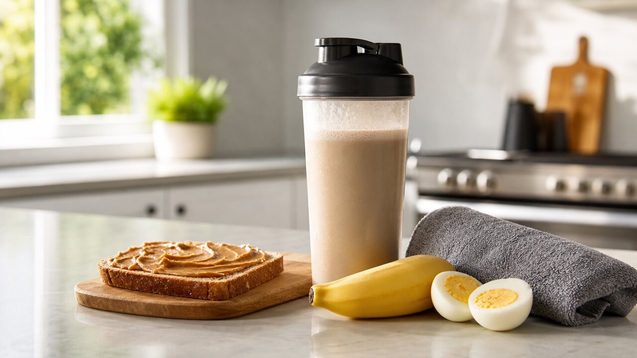 Unbranded ready-to-drink protein shake with banana, boiled egg, peanut butter toast, and gym towel