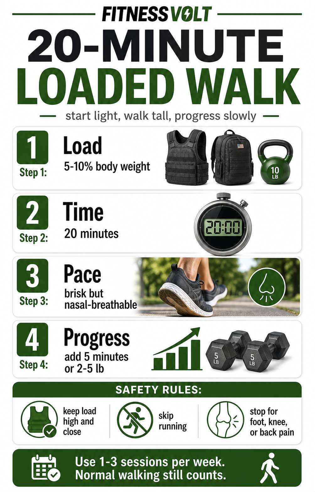 Vertical infographic explaining the 20-minute loaded walk progression and safety rules