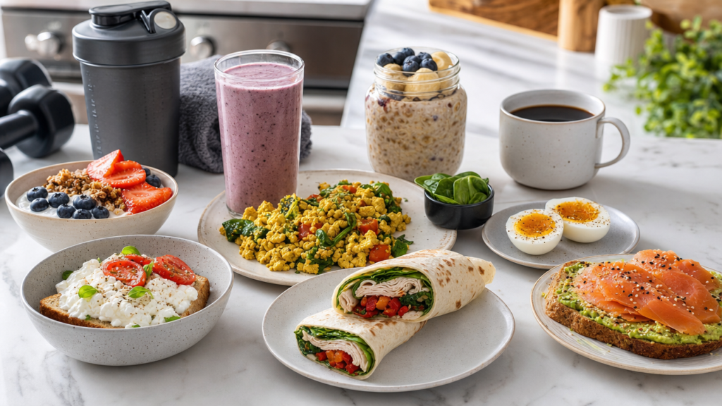 High-protein breakfast spread with Greek yogurt, eggs, cottage cheese toast, salmon toast, tofu scramble, overnight oats, turkey wrap, protein smoothie, coffee, and gym towel