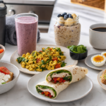 High-protein breakfast spread with Greek yogurt, eggs, cottage cheese toast, salmon toast, tofu scramble, overnight oats, turkey wrap, protein smoothie, coffee, and gym towel