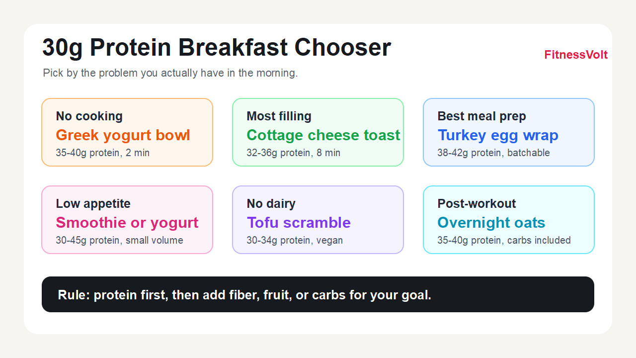 Infographic showing the best 30 gram protein breakfast options for no cooking, fullness, meal prep, low appetite, dairy-free eating, and post-workout meals