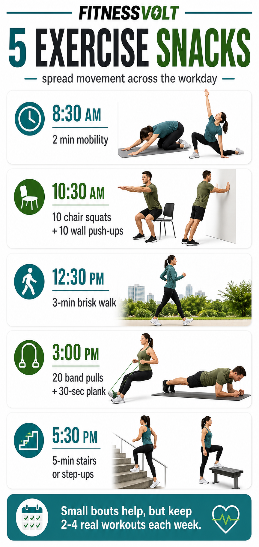 Vertical infographic showing five exercise snacks across a workday