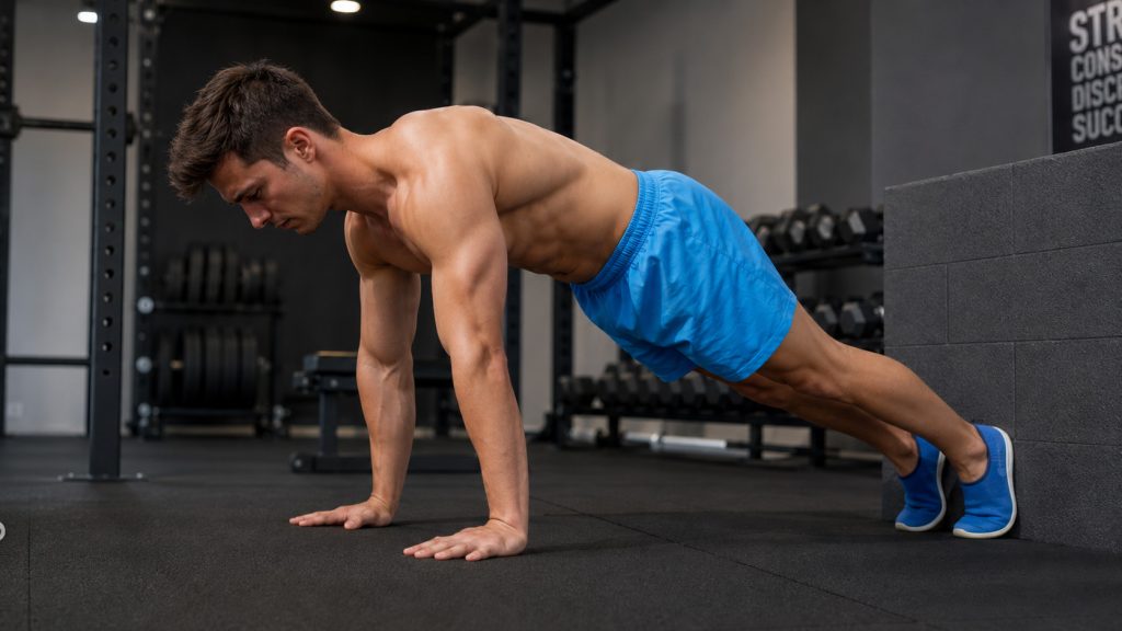 Mike Tyson Push Up Step 1 Mike Tyson push-up start position with feet at the wall-floor corner