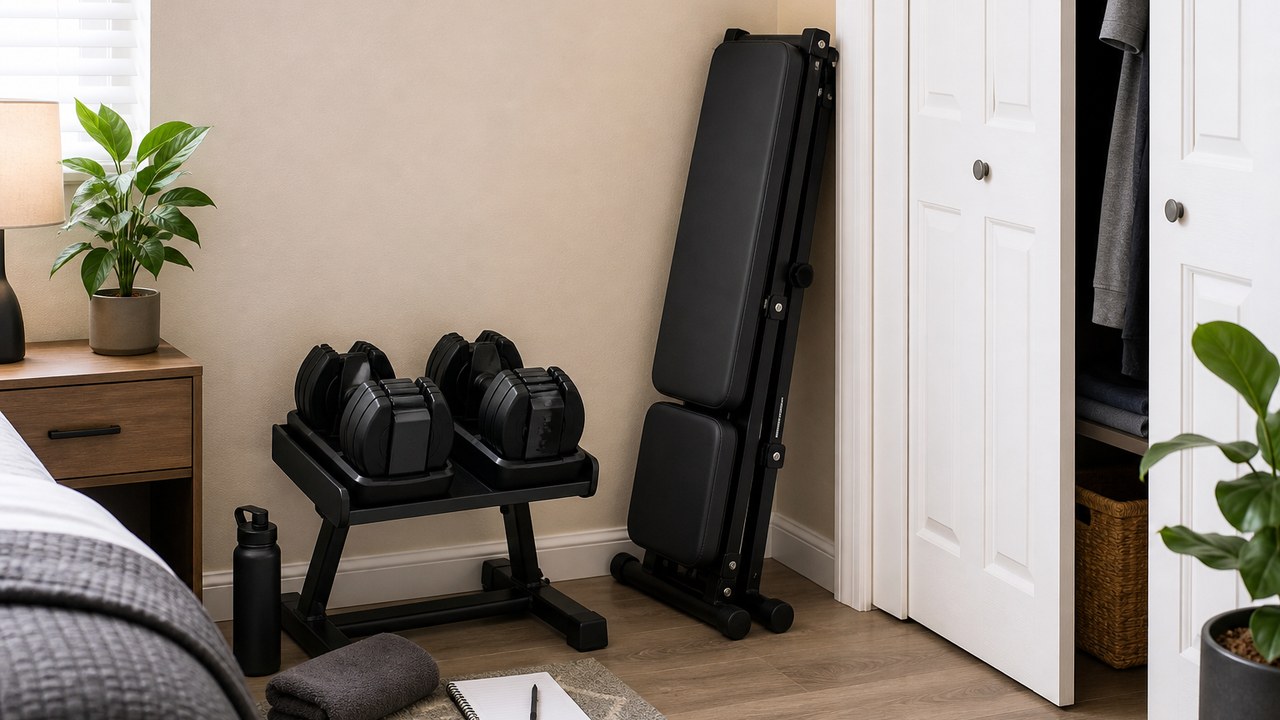 Adjustable dumbbells and folding bench stored in a small renter-friendly home gym corner