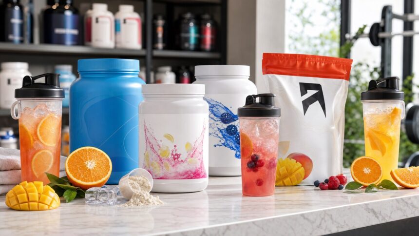 Clear protein powder tubs with fruit drinks on a gym nutrition counter