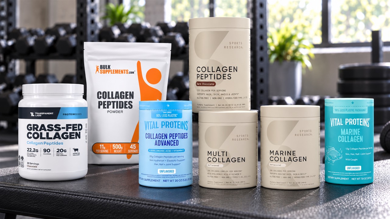 Seven collagen powders arranged on a gym bench with their different sources and flavors visible