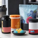 Creatine gummy supplement bottles and gummies on a gym nutrition counter