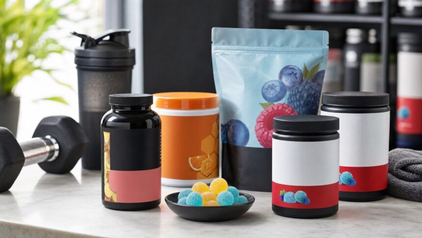Creatine gummy supplement bottles and gummies on a gym nutrition counter