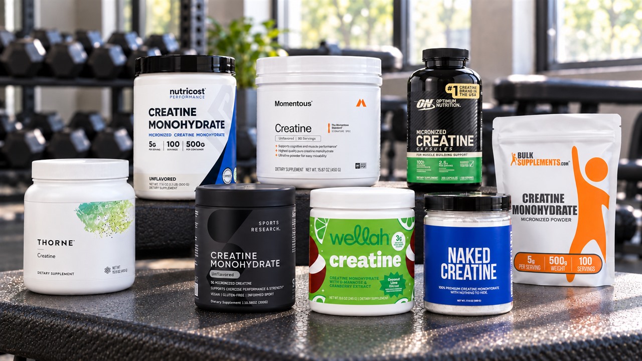 Eight creatine products arranged on a gym bench with their distinct brand and format labels visible