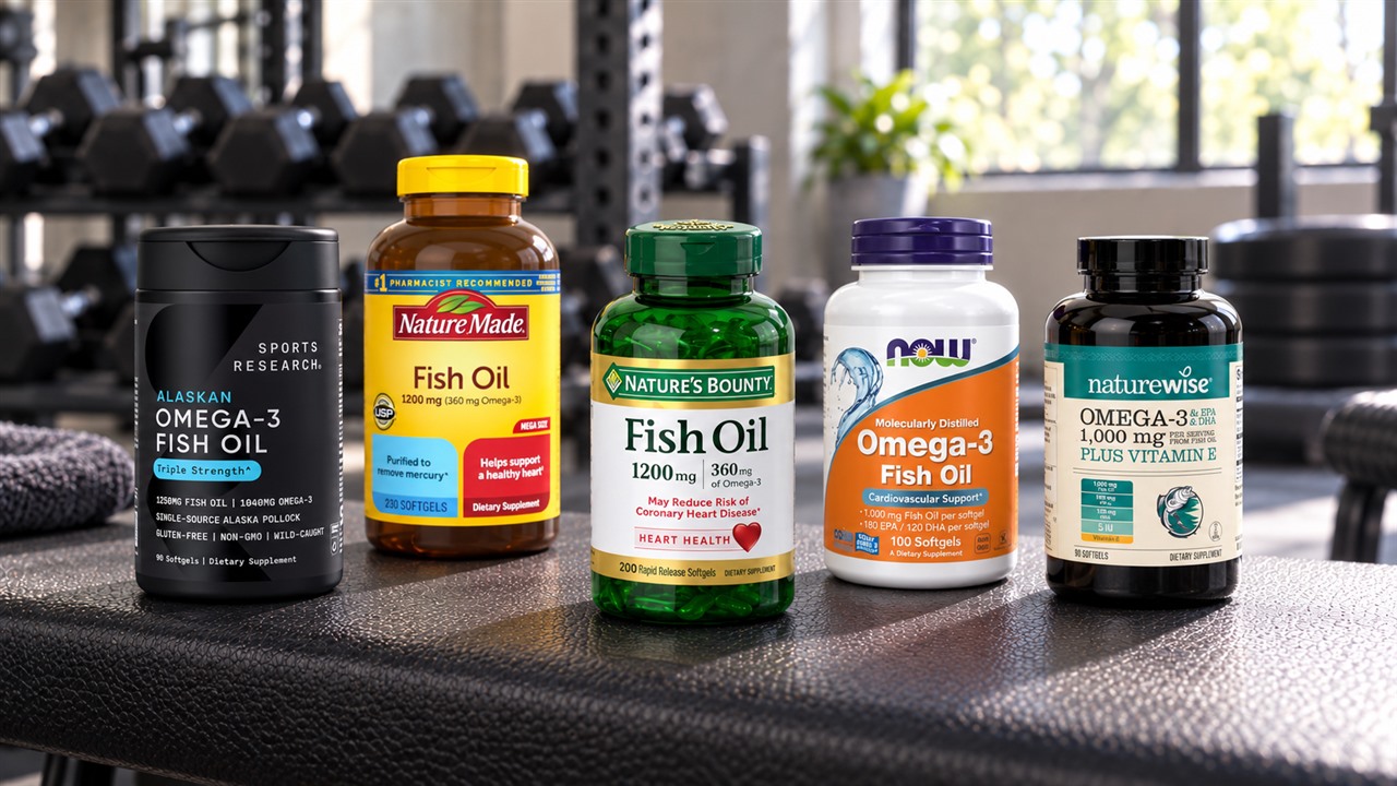 Five fish oil and omega-3 bottles arranged on a gym bench with front labels visible