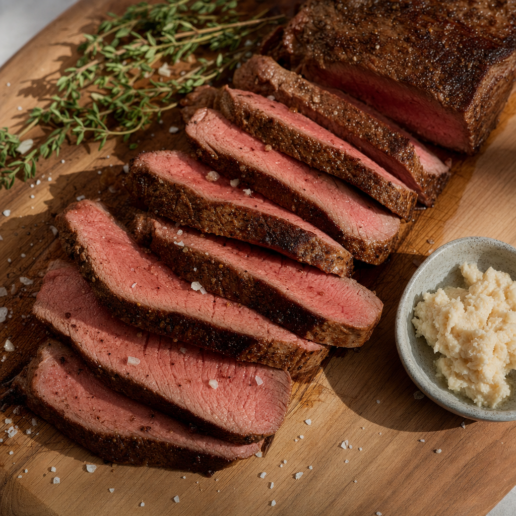 A sliced cooked beef sirloin steak fanned out on a wooden cutting board with coarse salt and thyme