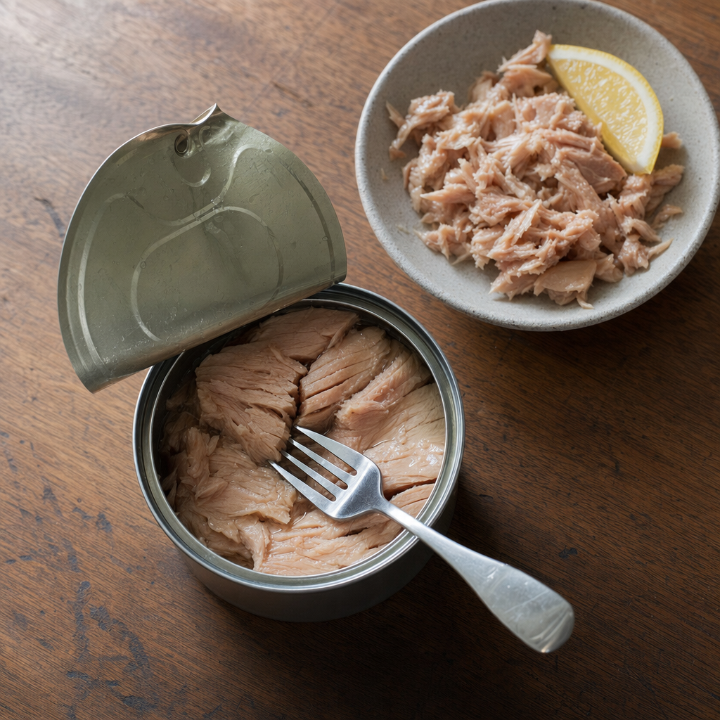 An opened can of tuna in water with the lid bent back beside a small bowl of flaked tuna with lemon