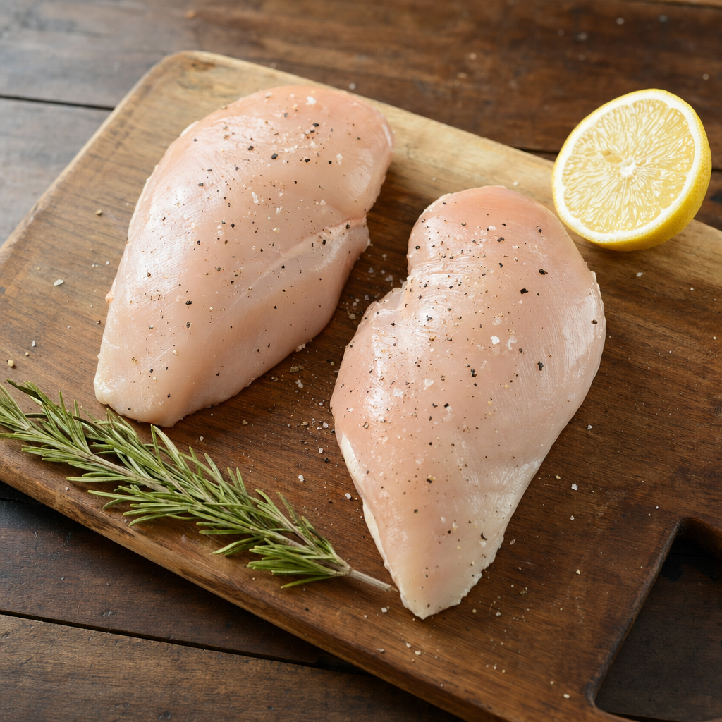 Two raw boneless skinless chicken breasts on a wooden cutting board with rosemary and lemon