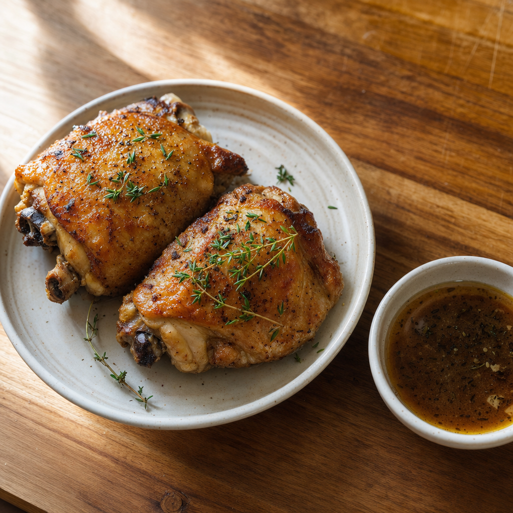 Two cooked bone-in chicken thighs with crispy golden skin on a ceramic plate with thyme and pan jus