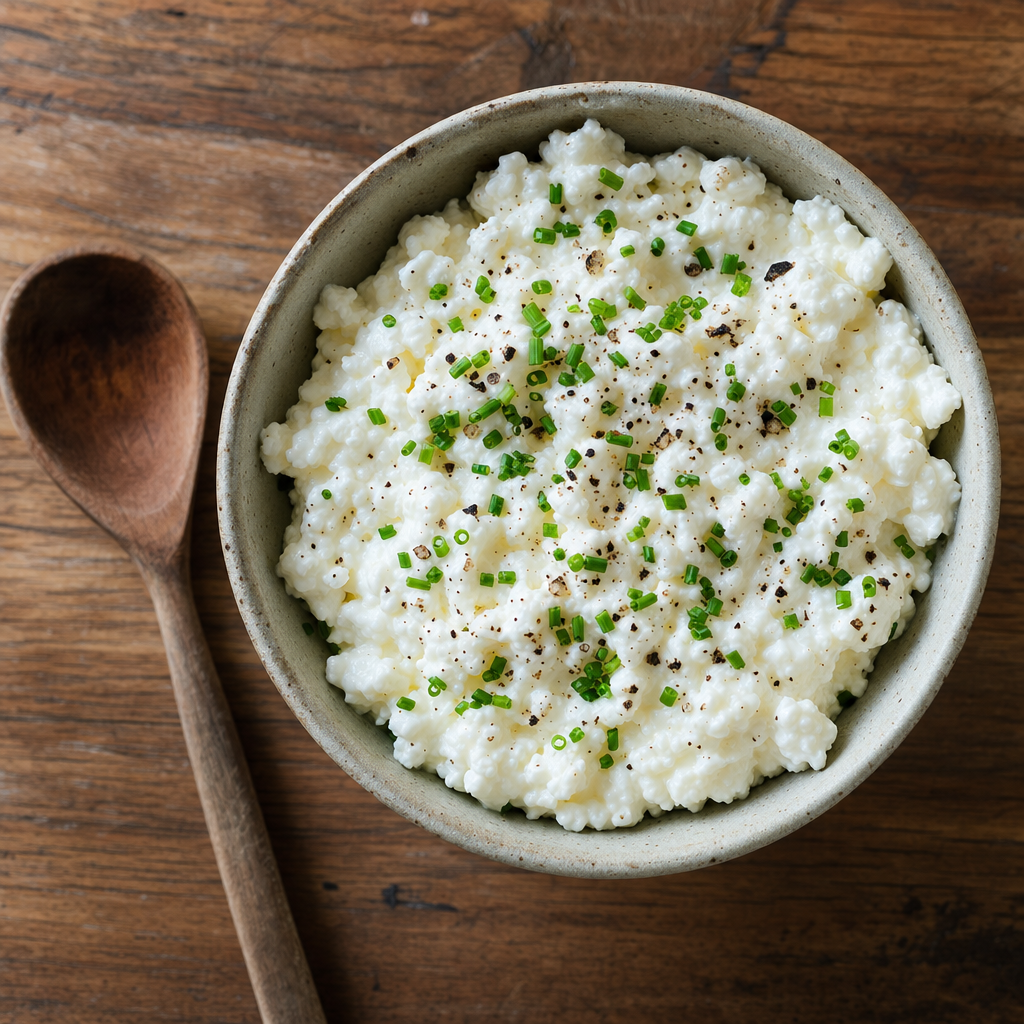 A bowl of full-fat cottage cheese with cracked black pepper and chopped chives, on a wooden surface