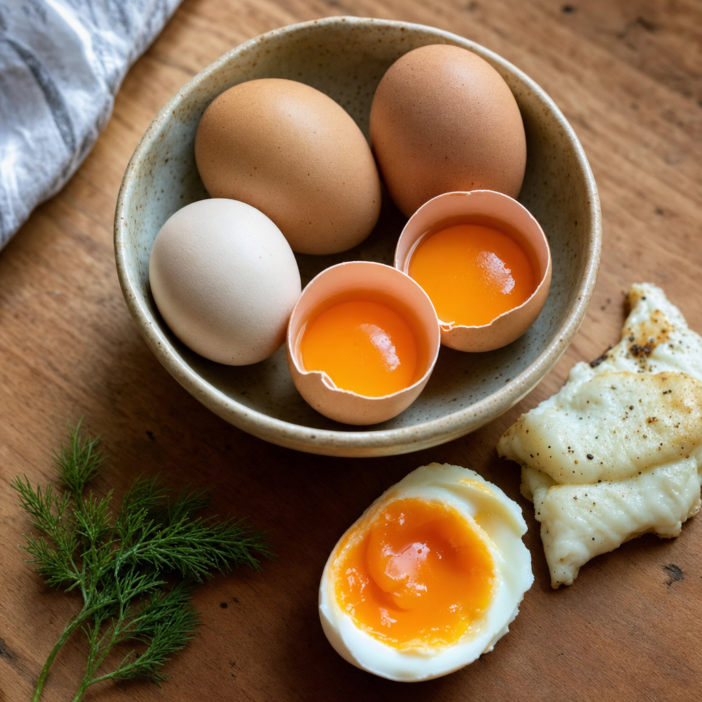 Four whole eggs in a small ceramic bowl with cracked yolks visible, beside soft-boiled halved eggs