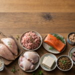 Overhead spread of 12 high-protein foods including eggs, cottage cheese, Greek yogurt, whey protein, chicken, salmon, tuna, beef, tofu, and lentils