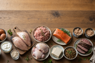 Overhead spread of 12 high-protein foods including eggs, cottage cheese, Greek yogurt, whey protein, chicken, salmon, tuna, beef, tofu, and lentils