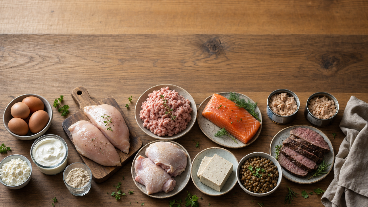 Overhead spread of 12 high-protein foods including eggs, cottage cheese, Greek yogurt, whey protein, chicken, salmon, tuna, beef, tofu, and lentils