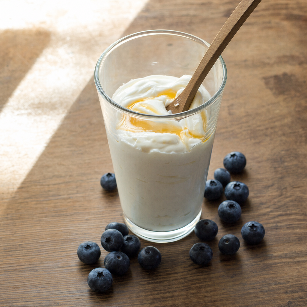 A tall glass of plain Greek yogurt with honey drizzle and fresh blueberries on a wooden surface