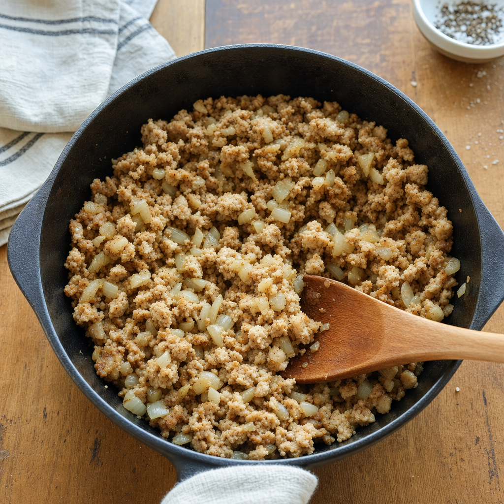 A skillet of cooked lean ground turkey with diced onions and a wooden spoon