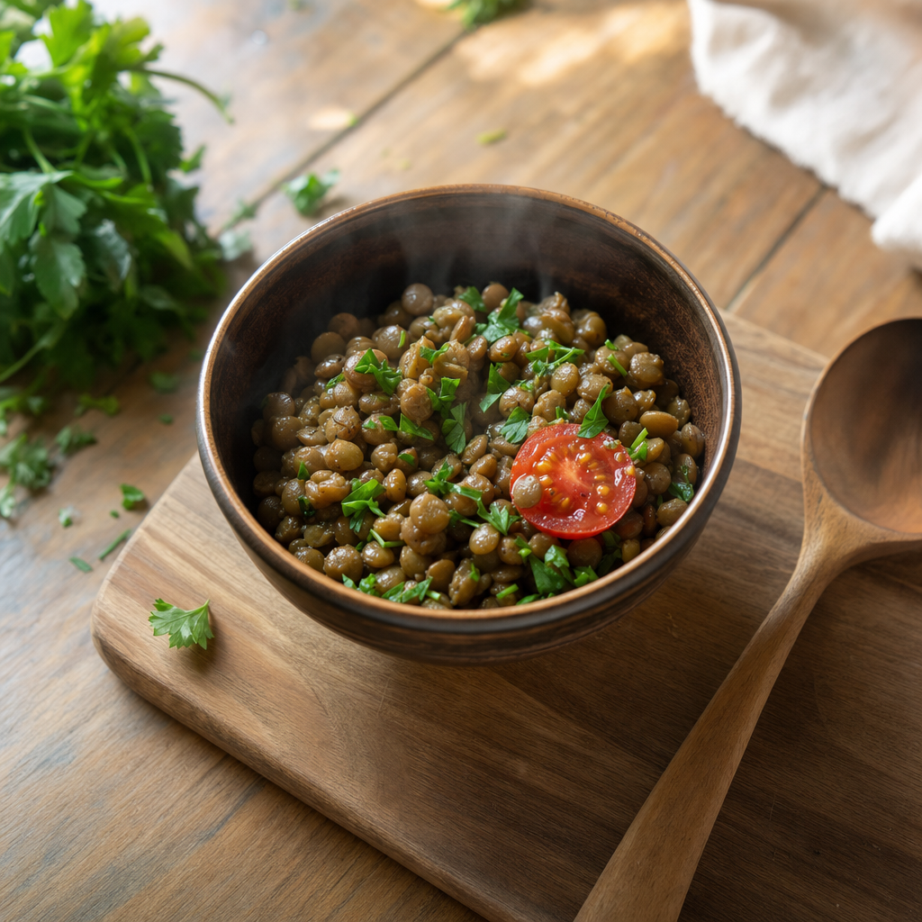 A bowl of cooked green lentils with chopped parsley and a halved cherry tomato