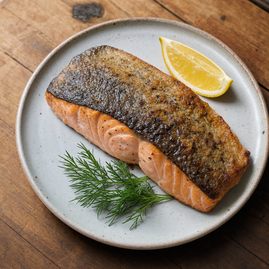 A roasted salmon fillet with crispy skin on a ceramic plate with lemon wedge and dill