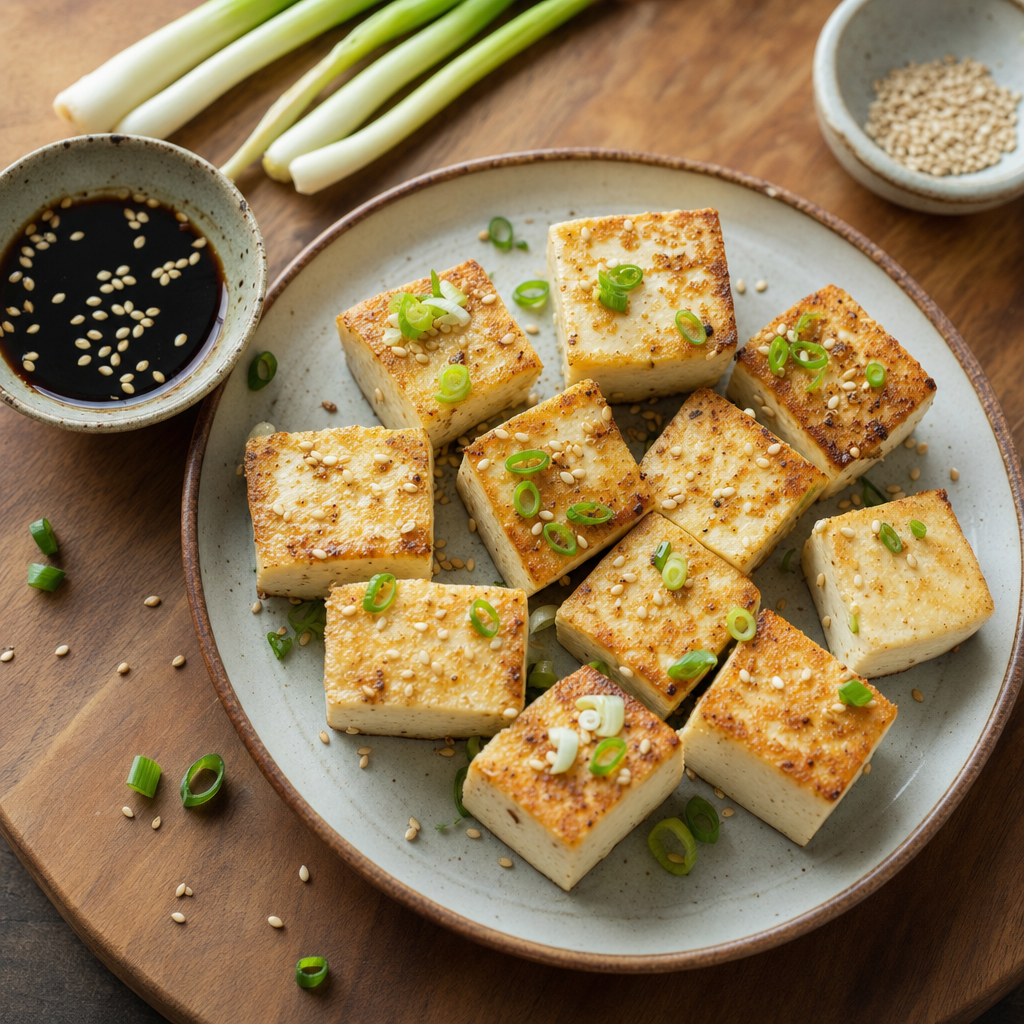 Cubed firm tofu lightly seared, on a ceramic plate with soy sauce, scallions, and sesame seeds