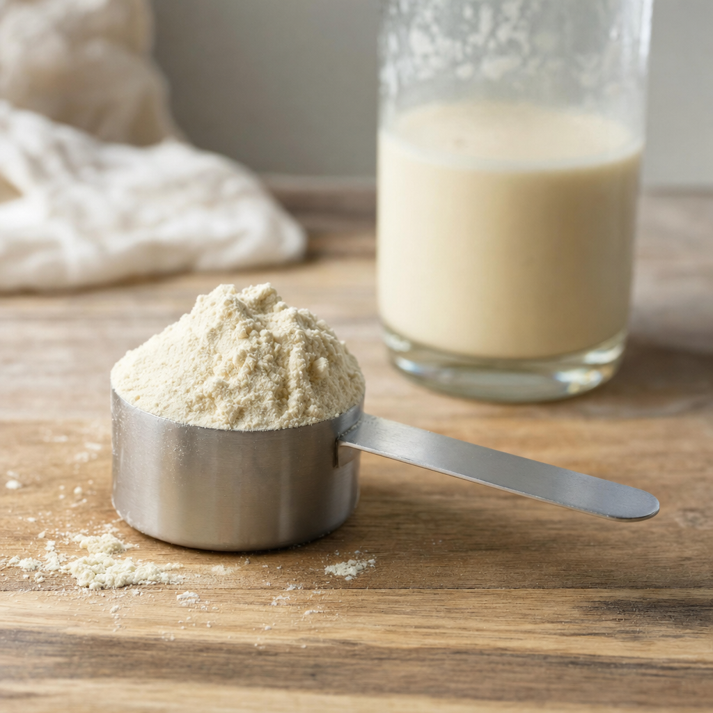 Steel measuring scoop with vanilla whey protein powder beside a glass shaker bottle